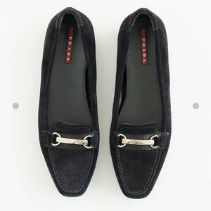 Prada Women's Black Velvet Loafers with Silver Detail